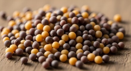 Mustard seeds brown yellow spice condiment ingredient culinary flavor cooking food preparation seed heap pile