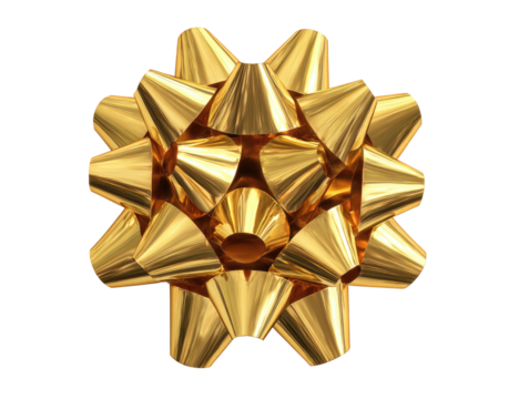 A shiny golden metallic gift bow decoration for presents and celebrations.
