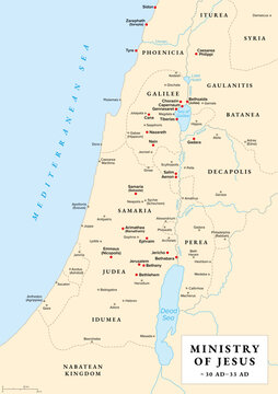 Ministry of Jesus, history map. Beginning with baptism of Jesus near River Jordan, ending in Jerusalem in Judea, following the Last Supper. Red dots marking places mentioned in the canonical Gospels.