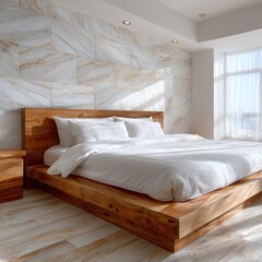 A bedroom with a bed nightstands and a large window