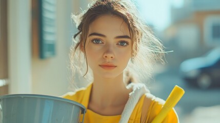A young woman with a mop and bucket on the street, ready to clean, against the backdrop of a sunny day.
Used in materials about urban improvement, social responsibility, and volunteer activities.