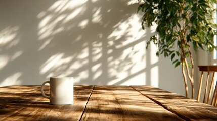 A cozy mug of coffee sits on a rustic wooden table, capturing the warmth of morning light through shadows created by nearby foliage. Perfect for relaxation and contemplation.