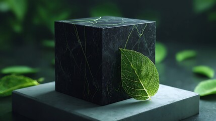 Dark cube with vibrant green growth emerging symbolizing nature and technology fusion