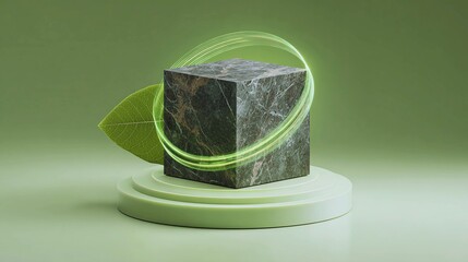 Abstract cube form with glowing green light streaks on a subtle green surface