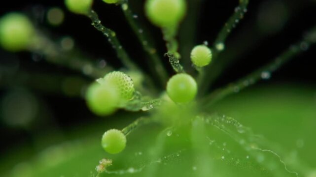 Slime mold forming intricate structures across a vibrant green leaf in nature