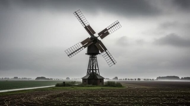 Dramatic Windmill in Cloudy Landscape: Rural Scene, Atmospheric, Motion.