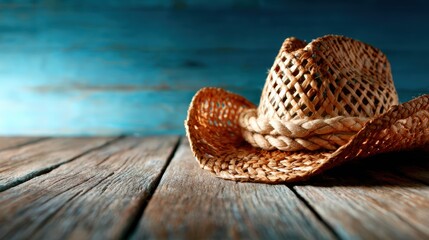 A traditional straw cowboy hat is placed on a weathered wooden surface, capturing a rustic and warm aesthetic, evoking themes of country life.