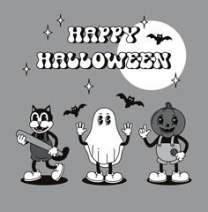 Black and white Halloween card with retro groovy characters.