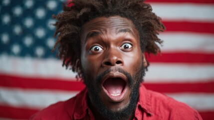 A man displays pure excitement and surprise with wide eyes and an open mouth in front of a large American flag, reflecting patriotism and emotional intensity.