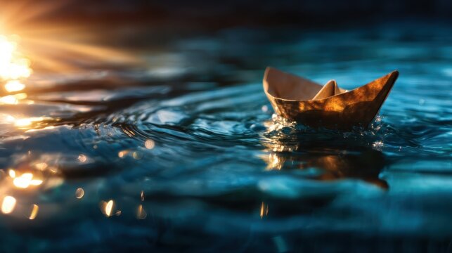 A small wooden boat peacefully floating on shimmering water, capturing a serene moment that evokes feelings of tranquility and relaxation in a natural setting.