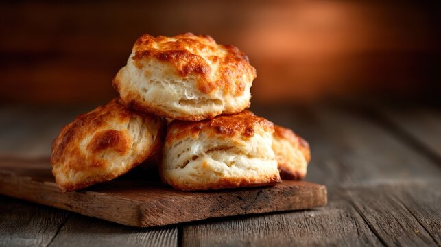 Golden, flaky biscuits piled attractively on a rustic wooden board, inviting diners to enjoy a warm, comforting culinary treat perfect for any occasion.