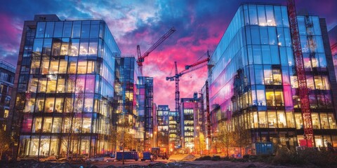 Fototapeta premium Modern glass office buildings and construction cranes reflecting dramatic sky at dusk