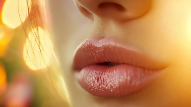 Close-up of female lips with a kiss with a soft sheen on a warm light background