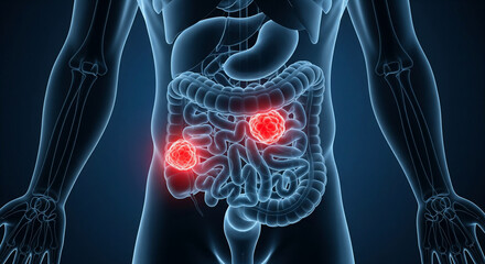 Human body digestive system with inflamed colon and intestine highlighting cancer and disease process