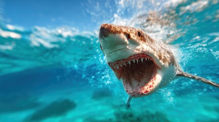 A powerful shark with its mouth wide open showcases the raw beauty and strength of marine life, set against a captivating underwater background of vibrant blues and greens.
