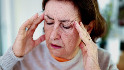 Mature woman enduring intense headache, eyes closed, hands on temples. Expression and facial lines...