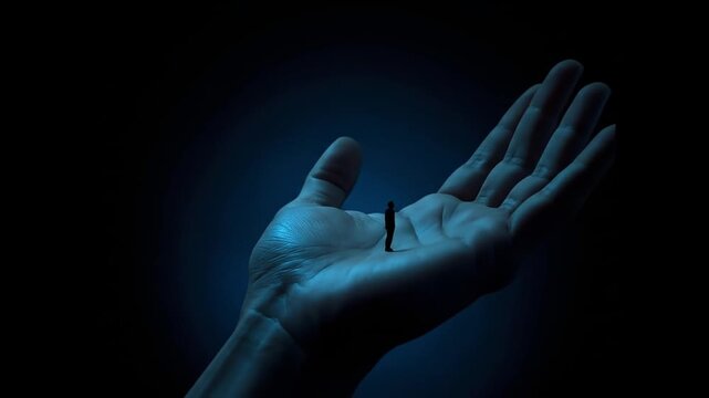 A solitary figure stands on an enormous human hand against a dark blue background, symbolizing vulnerability