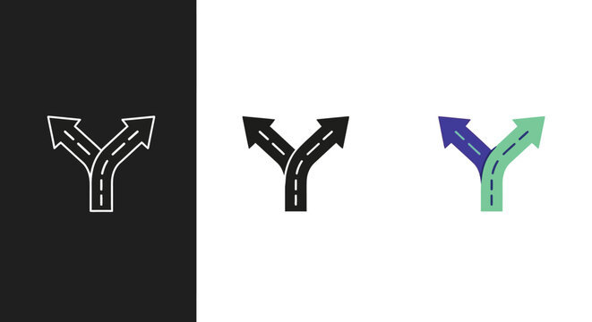 Minimalist Fork in the Road Vector Icon Set with Diverging Arrow Symbols