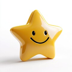 Smiling yellow star icon.  Glossy, 3D rendering of a star.  Simple, positive symbol