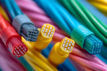 Obraz premium Colorful electrical cable computer and telecommunication network, industry and technology of data transmission concept
