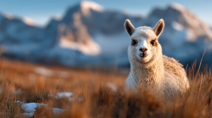 Obraz premium A cute young alpaca rests peacefully in a vibrant meadow, with majestic snow-capped mountains in the background creating a stunning natural landscape scene.