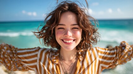 A cheerful woman with curly hair joyfully smiles at the camera against a stunning seaside backdrop, capturing the essence of carefree days and happiness by the ocean.