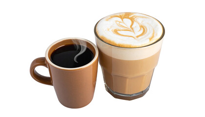  Hot cup of steaming black coffee and creamy latte, isolated on transparent background