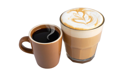  Hot cup of steaming black coffee and creamy latte, isolated on transparent background