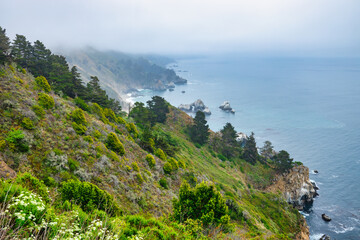 Foggy coastal cliffs of Big Sur along Highway 1 in California. Lush green slopes, dramatic rocky...