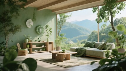 Obraz premium Modern living room with large windows overlooking mountainous landscape, featuring green walls, wooden furniture, and indoor plants