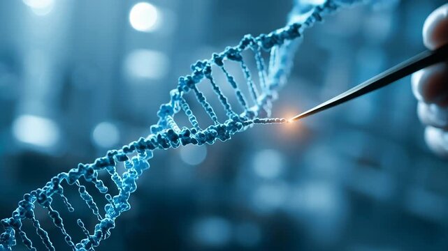 Genetic engineering process. Human hand editing DNA strand with precision tool footage. Molecular structure biotechnology research scientific innovation laboratory research medical dna technology. 