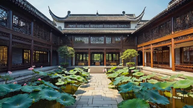 Traditional Chinese courtyard house surrounded by blooming lotus ponds