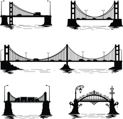 Bridge silhouette, city landmark, architectural design, suspension bridge, transportation infrastructure, river