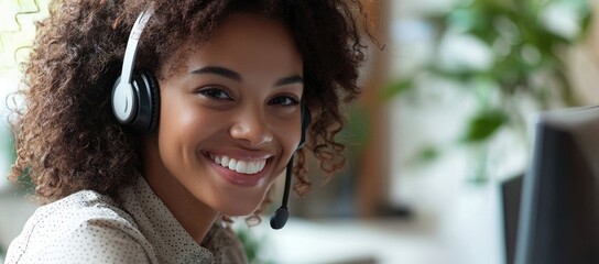 Smiling woman wearing headset working in customer support call center office, perfect for IT service, helpline promotion, business presentations, and digital marketing visuals