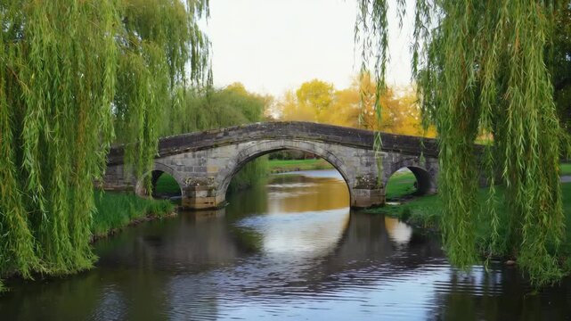 Ancient stone bridge over a calm river surrounded by willow trees in rural China 