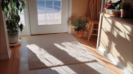 Cozy entryway with a patterned rug, natural light streaming through the door, and plants enhancing a warm atmosphere