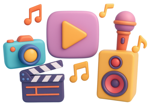 3D cartoon icons of media and entertainment elements with vibrant colors graphic design isolated on a transparent background
