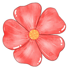 Red flowers. Simple abstract flowers. Bright flower heads. Cartoon flower drawings. Card decoration elements.