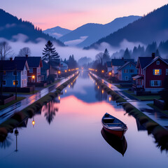 Calm Flooded Village with Mirror-Like Water Reflections at Dusk – Editorial Scene for Climate, Humanitarian, and Resilience Storytelling