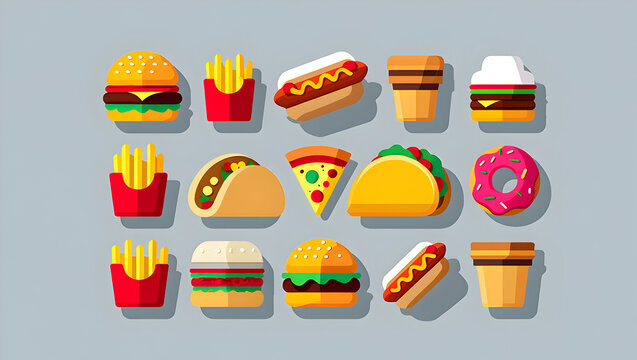 Colorful assortment of fast food icons featuring burgers fries hot dogs pizza and donuts - Powered by Adobe