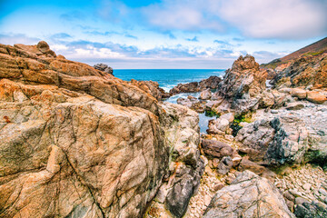 Colorful Big Sur coastline along Highway 1, California. Rugged cliffs meet the Pacific Ocean, with wildflowers and coastal plants covering the slopes, creating a vibrant contrast against the blue sea