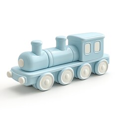Light blue toy train, simple design, smooth surfaces,  child-friendly,  isolated on white