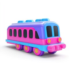 A bright, cartoonish toy train, in pink and blue, sits on a plain white background.  It has a rounded, child-friendly design