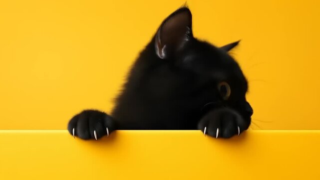Black cat peekaboo with yellow background.