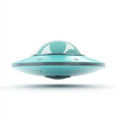 Light teal saucer-shaped UFO hovering, isolated on white