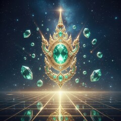 Golden Thai motif emblem with central emerald, surrounded by floating gems above reflective grid and stars