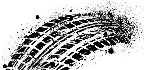 Tire track pattern with ink splatter grunge background. The car's wheel print. Vector illustration