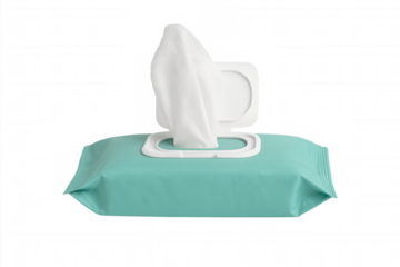 Wet wipes pack with an open dispenser showing a white disposable tissue, for hygiene and cleaning, transparent background