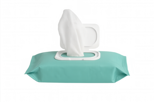 Wet wipes pack with an open dispenser showing a white disposable tissue, for hygiene and cleaning, transparent background