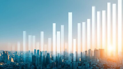 A cityscape merges with bar graphs, symbolizing growth, data analysis, and urban development - Powered by Adobe